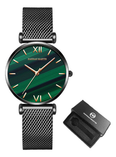 Reloj impermeable con cinturón de malla simple de Hannah Martin, color de fondo negro/verde