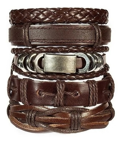 Conjunto Pulseras Brazalete Hombre Moda Cuero 5 En 1