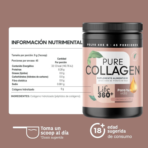 Imagen 3 de 6 de Colágeno Hidrolizado Pure Collage Life 360 Polvo 405 Gramos Sabor Sin Sabor