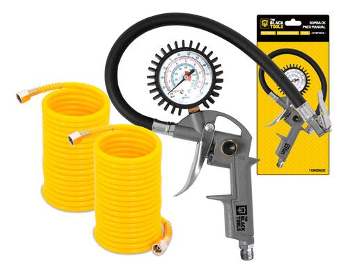 Calibrador E Inflador De Pneus Pneumático Com Manômetro 1/4 Npt 16bar 220 Libras Btbp1000 The Black Tools + 2 Mangueiras Espirais 5M