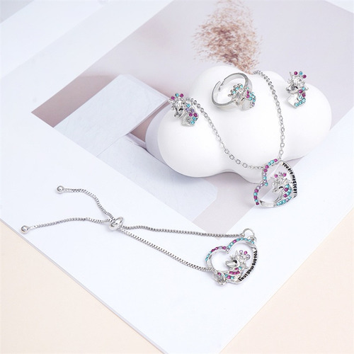 Sjx Set Unicornio Collar Dije Pulsera Aretes Y Anillo