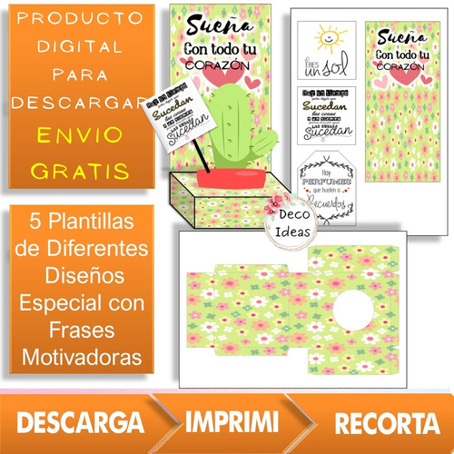 Imagen 4 de 4 de Imprimible Caja Porta Maceta 10 Frase Tag Regalo Empresarial