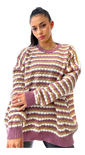 Buzo Maxi Sweater Tricolor De Lana Frizz Mujer Moda