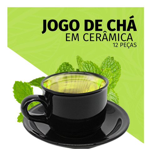 Imagem 4 de 7 de Jogo De Xícaras De Cafe Chá 12pçs Preta Com Pires Ceramica