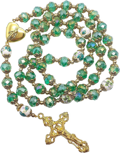 Nazareth Store Católica Verde Cristal Perlas Oro Rosario Flo