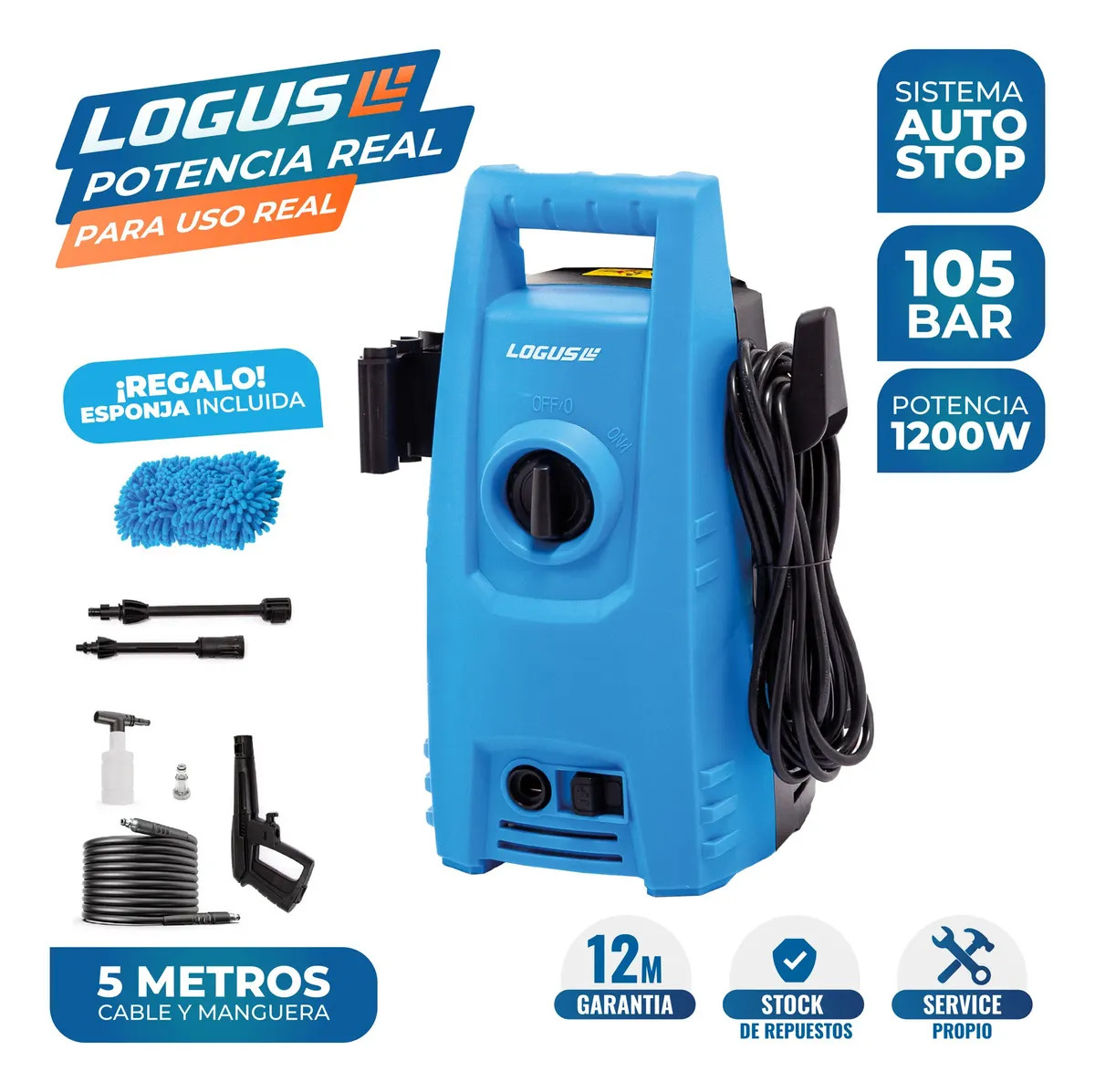 Hidrolavadora Eléctrica Logus 1200W 105 Bar Alta Presión Compacta Con Pistola Y Lanza