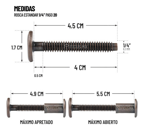 Tornillo Conector con Tuerca Union para Muebles Bronce 4.5 cm Rosca 1/4 100 Unidades