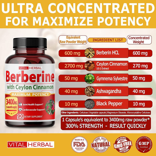 Berberina Berberine Salud Cardiovascular 90 Capsulas Eg Z50 Sabor Nd