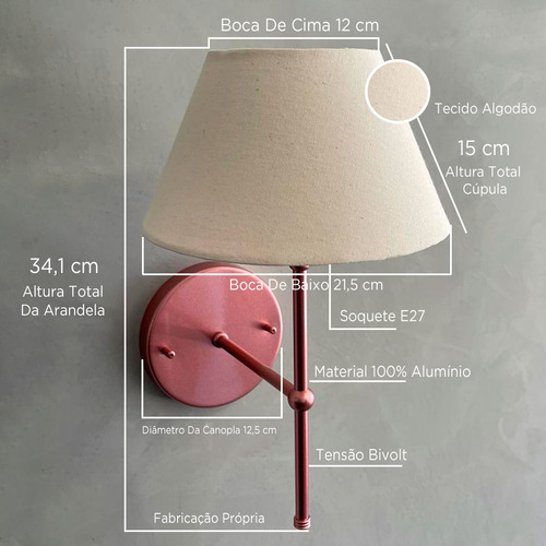 Arandela De Parede Rose Gold Em Aluminio Com Cupula Bege Quarto / Sala De Estar / Corredor Tecido Algodao E27 Tensao Bivolt 110v/220v