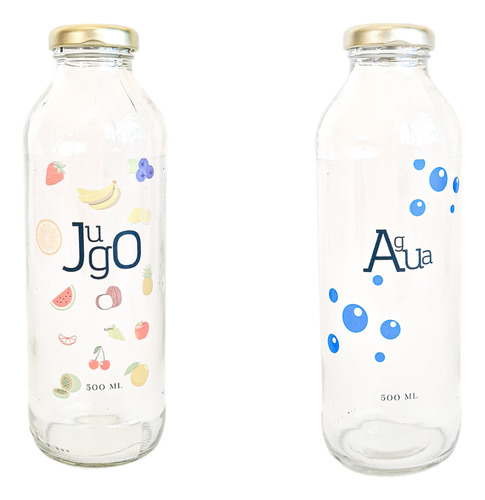 Botella Vidrio Transparente Decorada Jugo Agua 500 Cc X 2u 