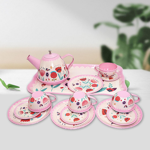 Kids Tea Set Metal Teapot Cups Dishes Afternoon Tea Playset