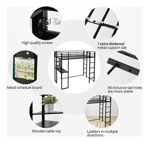 Cama elevada ADOVA Loft individual color negro con diseño de individual fabricada en metal