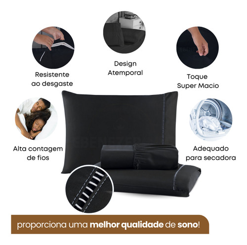 Lençol King Padrão C/ Elástico Fronha Ponto Palito Macio 3 Peças 400 Fios Premium Toque Macio Cor Preto