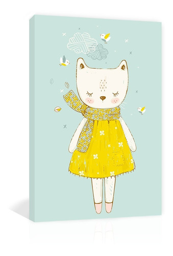 Cuadro Decorativo Canvas Niños Dibujo Gata Vestido Amarillo