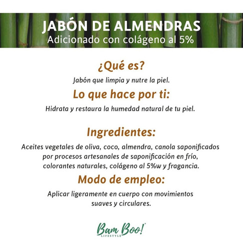Imagen 3 de 3 de Jabón Almendras Con Colágeno 100 Gr Bam Boo! Lifestyle