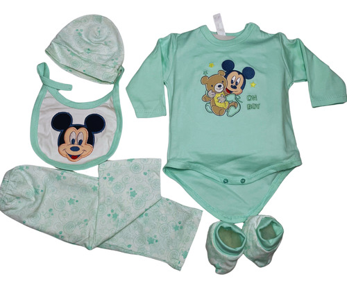 Conjunto Bebe Recien Nacido 5 Pz 100% Algodon Verde Agua