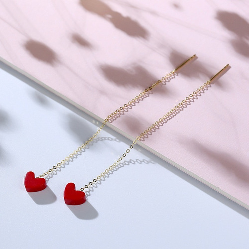 Imagen 2 de 5 de Aros Largos Cadena Corazón Ágata Rojo De Protección Oro 18k