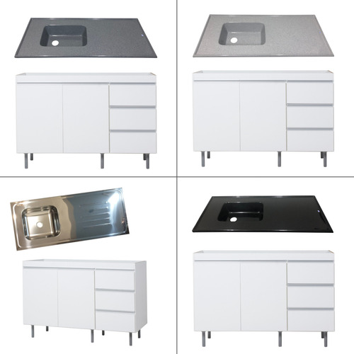 Combo Bajo Mesada 1,20m + Mesada Acero Inox Premium Perfil J Blanco - Mesada Negra