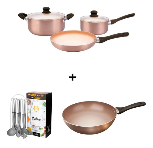 Set De Ollas Hudson Wok Antiadherente Cobre Utensilios