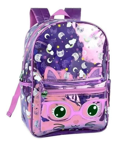 Mochila Holográfica Gatinho Costas Escolar Meninas Lilás