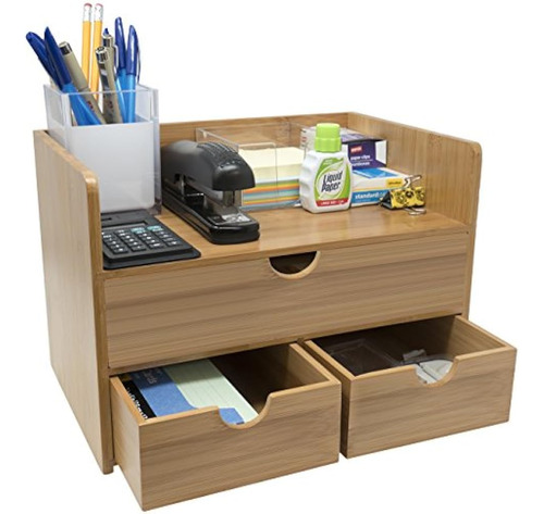 Sorbus 3tier Bamboo Shelf Organizer Para Escritorio Con Cajo