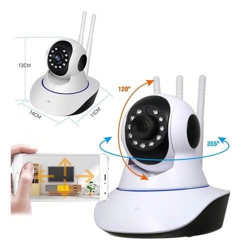 Camera Segurança Ip Interna 360 Graus 3 Antenas Wifi Áudio Cor Branco