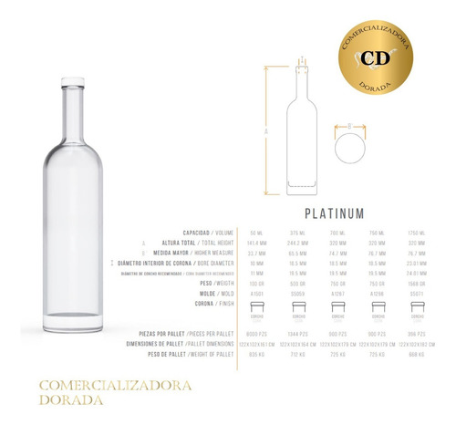 Botella De Vidrio Platinum 750 Ml/corcho, 42 Pz Mezcal