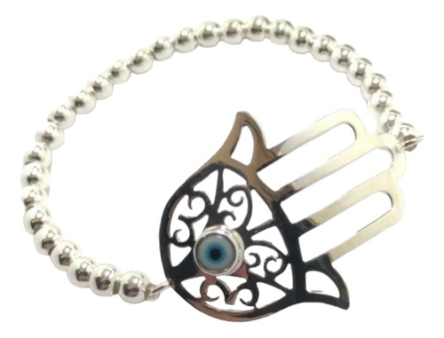 Pulsera Mano De Fatima Y Ojo Turco En Plata. 925 Ajustable. 