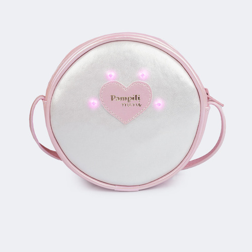 Bolsa De Led Infantil Redonda Com Coração Pampili Cor Branco Correia de ombro Rosa