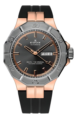 Reloj De Pulsera Edox 88008-37rgca-gir De Cuerpo Color Oro Rosa, Analógico, Para Hombre, Fondo Gris Oscuro, Con Correa De Caucho Color Negro, Bisel Color Plateado Y Desplegable