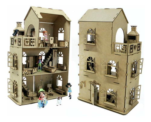 Casa Casinha Boneca + 28 Mini Móveis Mdf Crú B