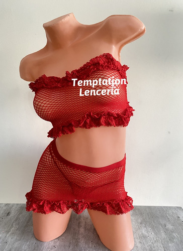 Conjunto De Red Pollera Bandó Tanga Temptation Lencería Sexy