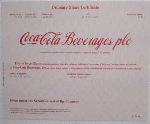 Escasa Accion/bono Coca Cola Beverages Plc 2000!!