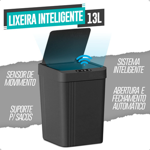 Blushop Lixeira Cesto Lixo Eletrônica Automática Preta Banheiro Moderna Abre Sensor Mão 13l Pequena Banheiro Lavabo Cozinha Resistente Quadrada Preto