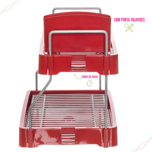 Escurridor de vajilla compacto con cable, soporte para cubiertos de color rojo
