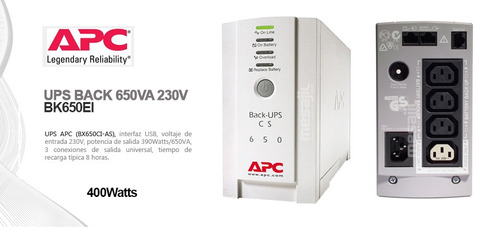 Ups Apc Bk650ei, 650va, 400w, 7a, 230v, Db-9 Rs-232/usb