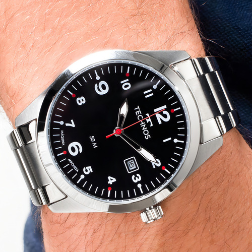 Relógio Masculino Technos Militar Fundo Preto Calendário 50m Correia Prateado Bisel Prateado