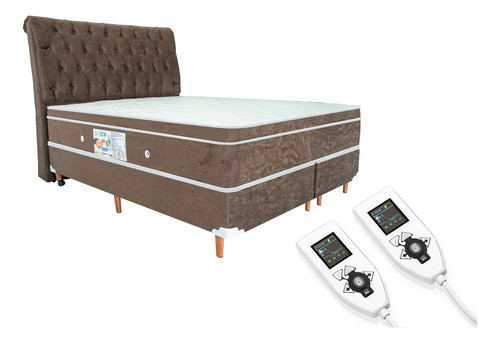 Colchão Magnético King 1,93x2,03 Hr Premium Massageador 2 Controles Energia Bio Quantica Infra Vermelho + Cama Box Cor Marrom