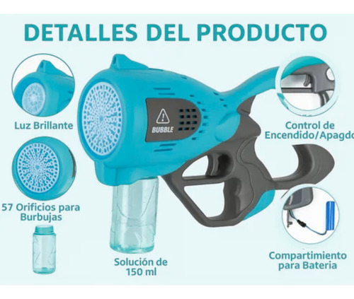Pistola Burbujas 57 Agujeros Niños A2503-041 Lanza Burbujas + Liquido Azul Gaccoa