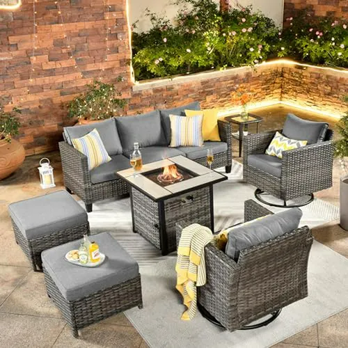 Juego Patio Con Mesa Fuego, Sillas Giratorias, Mimbre Rattan