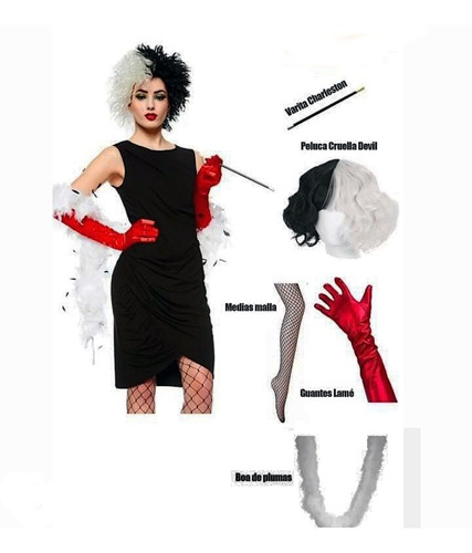 Kit Disfraz Cruella Peluca Guantes , Cigarro, Medias, Plumas