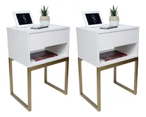 Comprar Kit 2 Mesas de Cabeceira 40cm Branco Eco Industrial 1 Gaveta e 1 Nicho Base Ferro Dourada Para Lateral da Cama