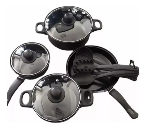 Batería De Cocina Ollas Con Tapas De Vidrio Resistente 13pza Negro