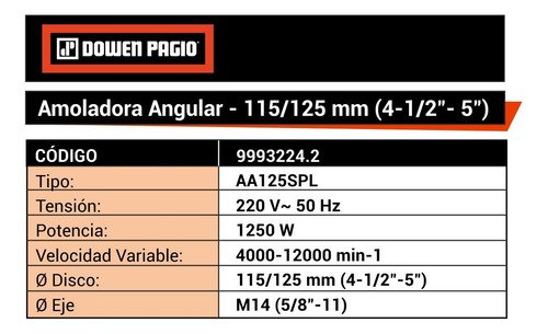 Amoladora angular Dowen Pagio AA125SPL de 50 Hz color naranja 1250 W 220 V + accesorio