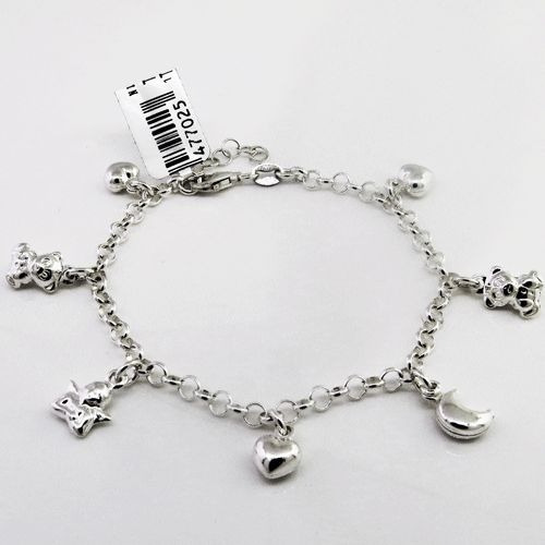 Pulsera Rolo Con Dijes Corazón Luna Oso Ángel Plata 925  