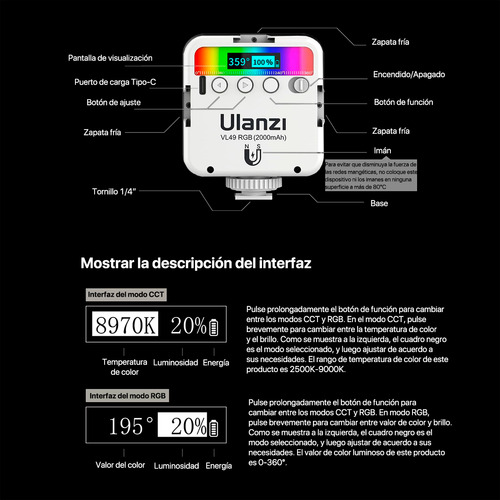 Ulanzi Vl49 Luz Led Rgb Mini Video Recargable Portátil