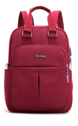 Mochila Feminina Usb De Grande Capacidade Borgonha Cor Wine