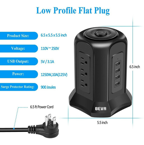 Beva Power Strip Tower Protector Contra Sobretensiones De En