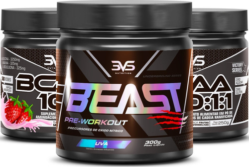 Kit 2 Potes do Bcaa 10:1:1 Concentrado 250g Sabor: Morango + Pré Treino Beast 300g Sabor: Uva