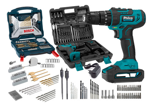 Parafusadeira Furadeira De Impacto 21v Philco + 70 Pçs Bosch Cor Preto